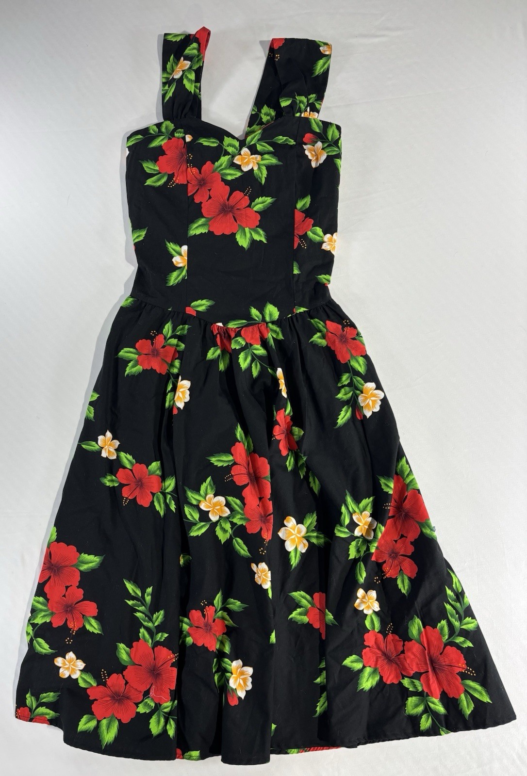 Royal Creations Hawaiian Black Smocked Halter Sundress Size L Floral Hibiscus