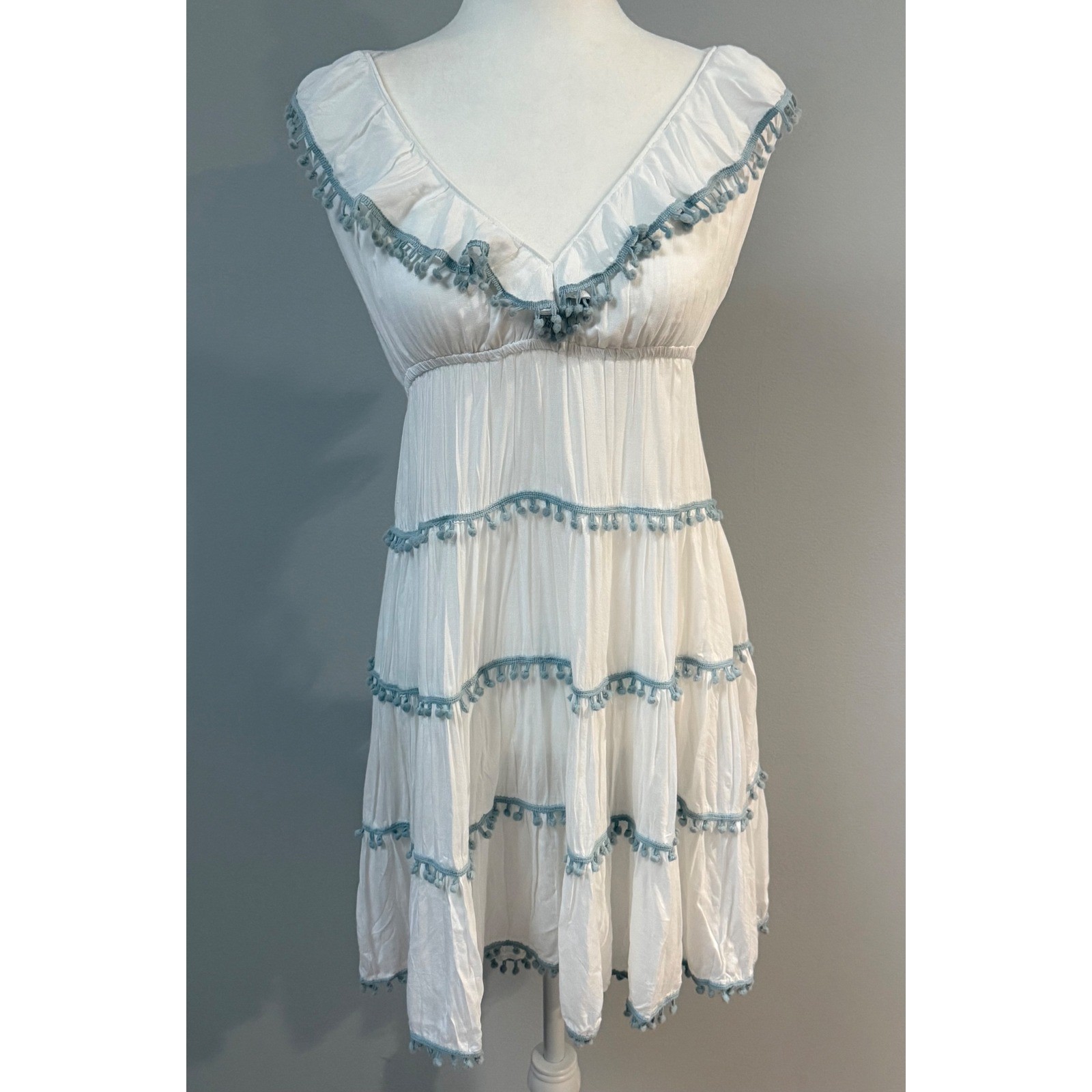 Boston Proper Tiered Mini Dress White Gauze Blue Pom Pom Trim Open Back Size L