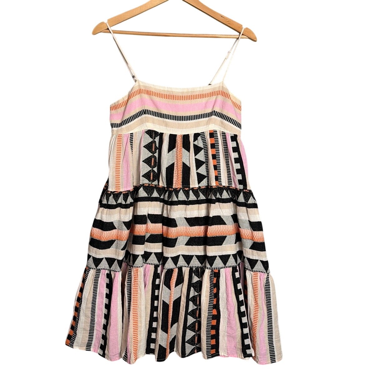 Devotion Twins Square Neck Mini Dress Greek Boho Geometric Tiered Sundress SZ M