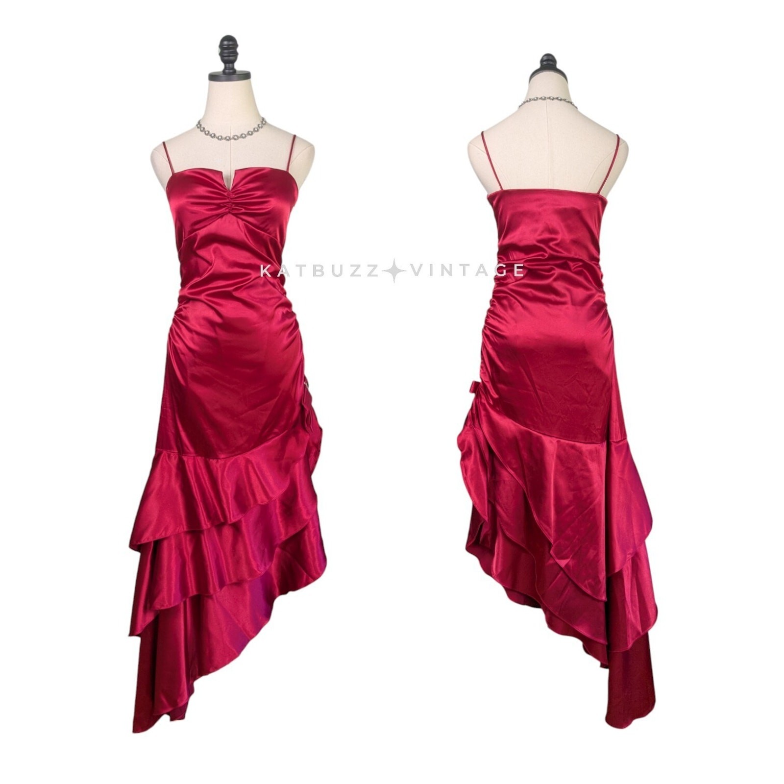 Vintage Nites Prom Dress Midi Maxi Gown 10 Red Ruffle Glam Satin Goth Retro Bow