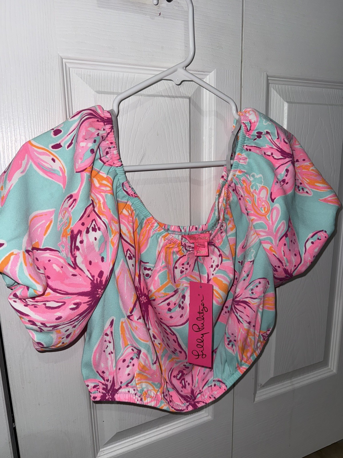 NWT Lilly Pulitzer Esmeray Midi 2PC Set Puff Sleeve Surf Blue Bonita Blooms Sz L