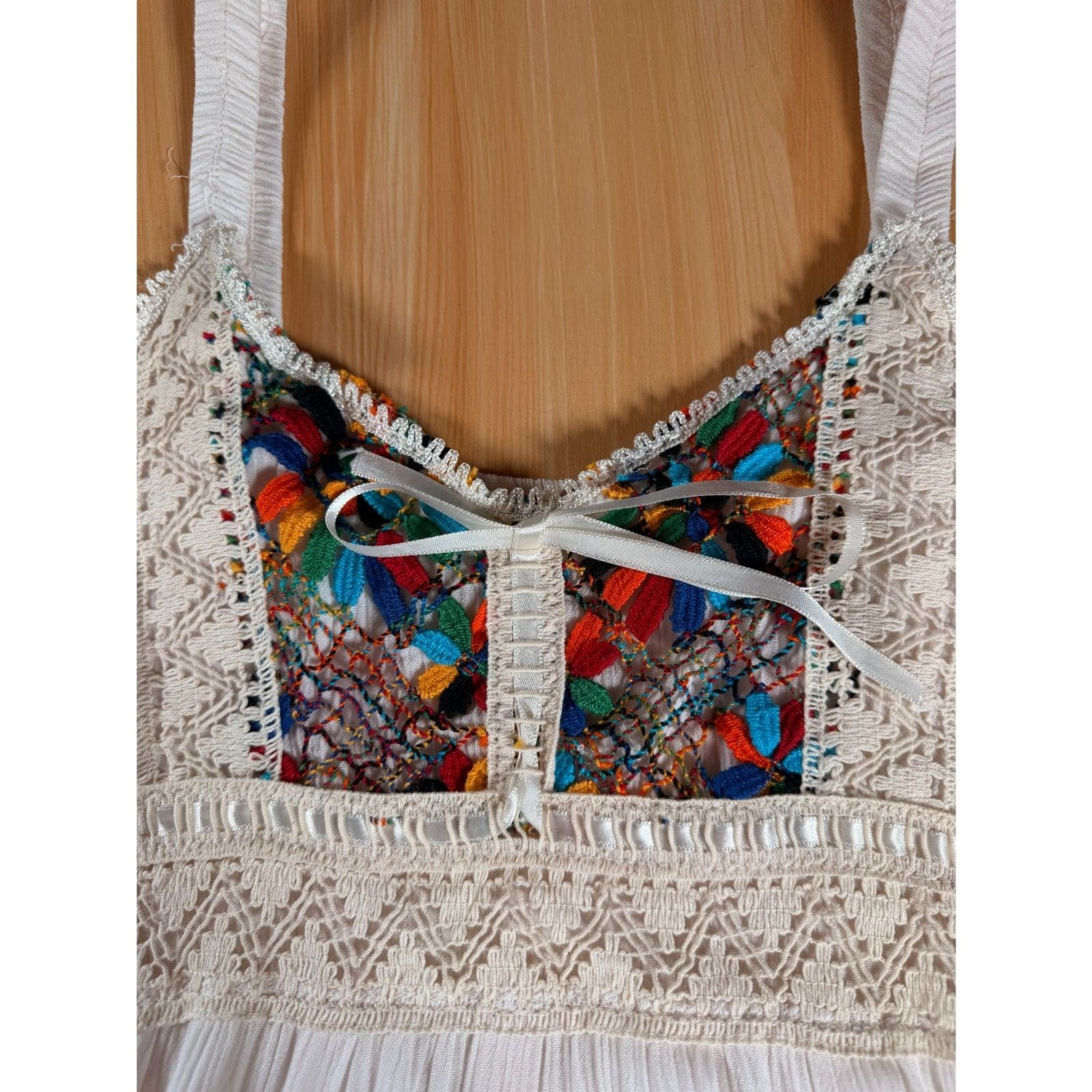 Women’s White Boho Embroidered Peasant Dress | Lace Trim Empire Waist