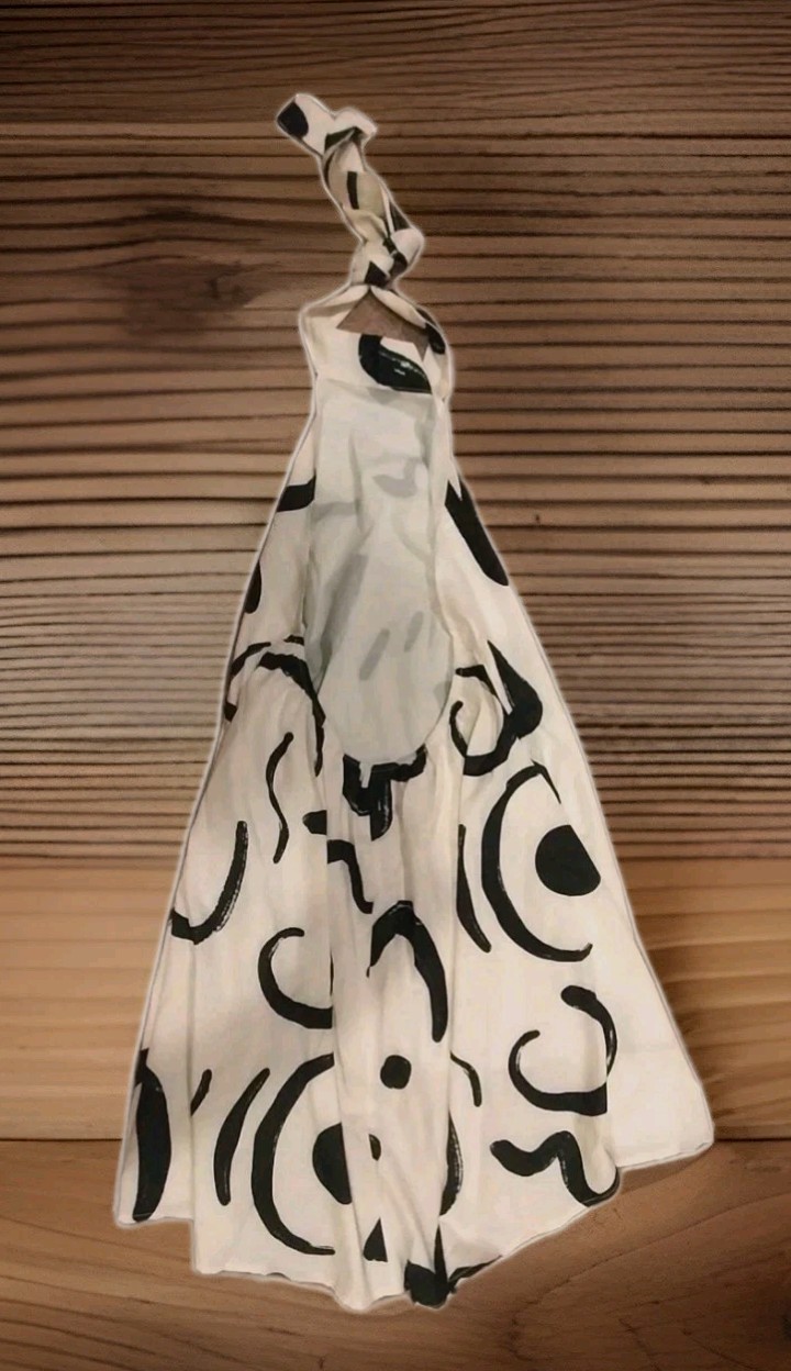 Modern Triangle Halter Dress Open Back, Ivory with Modern Print