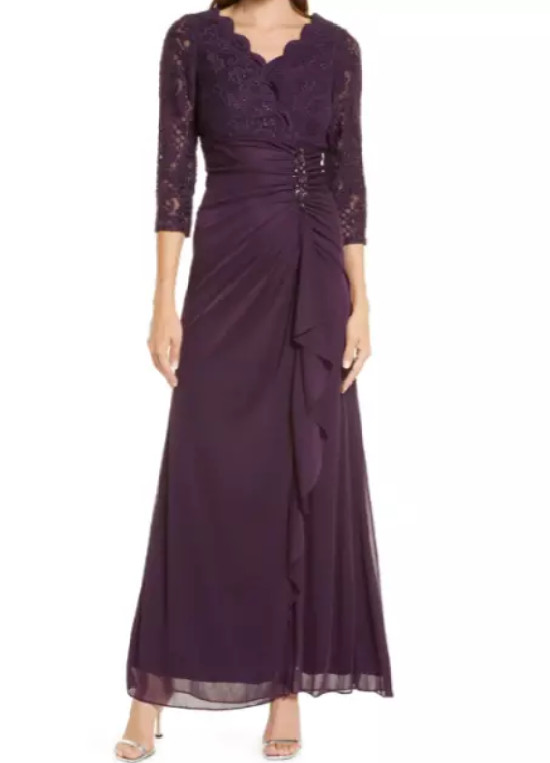 ALEX EVENINGS Purple Eggplant Sequin Beaded Jewel Lace Ruffle Gown Maxi Dress 16