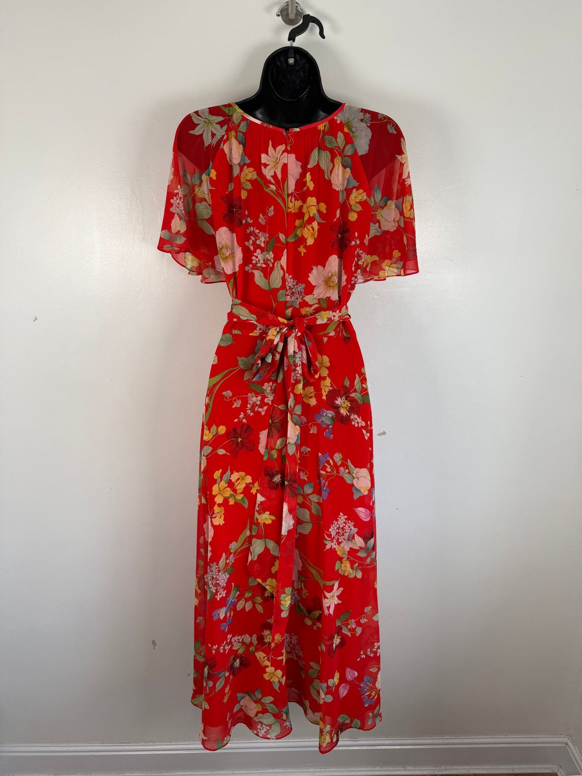Hobbs Dress Size Uk 14 Red Midi Floral Chiffon Belt Sarah Party Cocktail Wedding