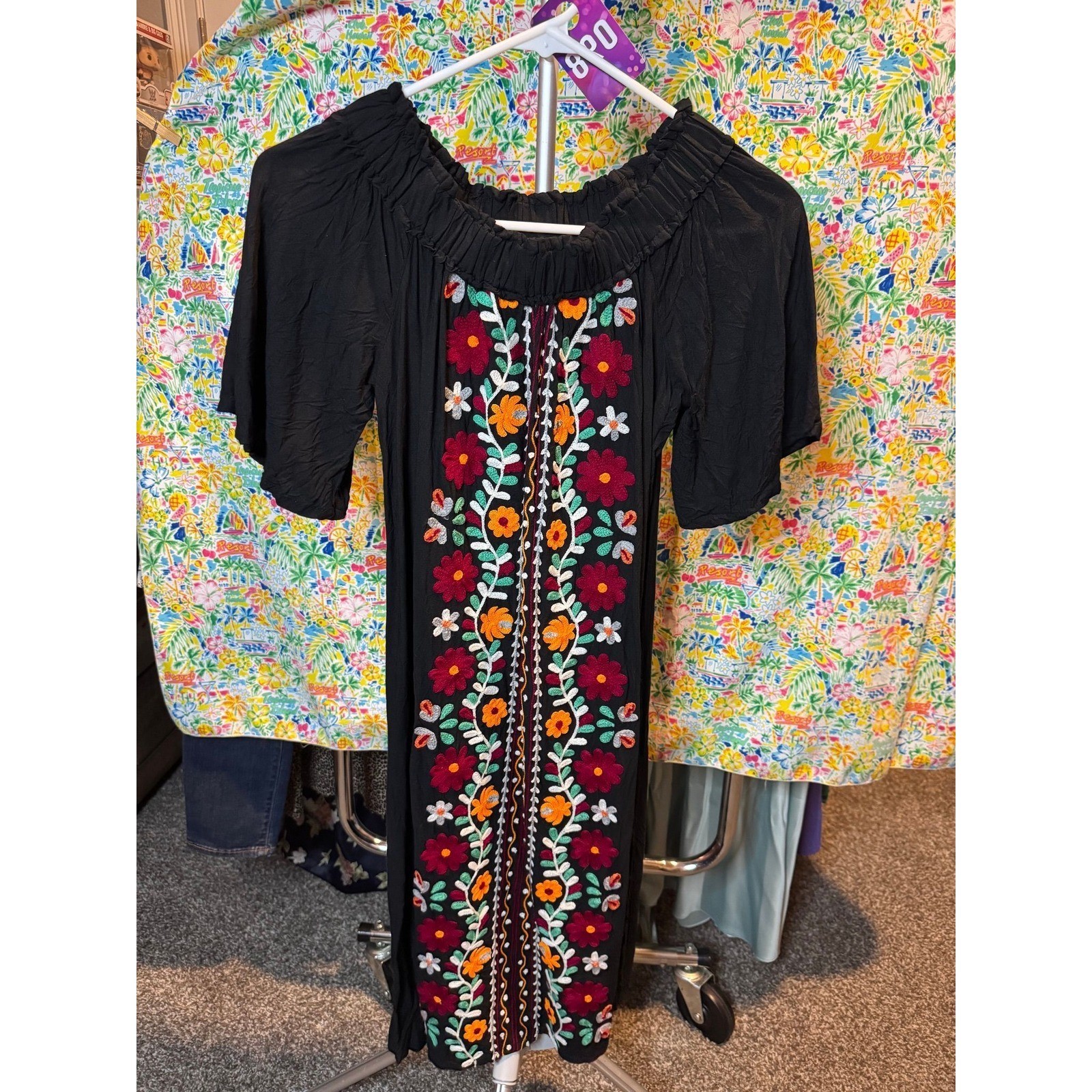 098 Pink and Silver Womens Black Floral Embroidered Boho Peasant Dress L