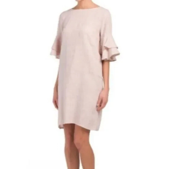 Francesca Bettini Womens Linen Dress Size S Beige Shift Italian Ruffle Beachy
