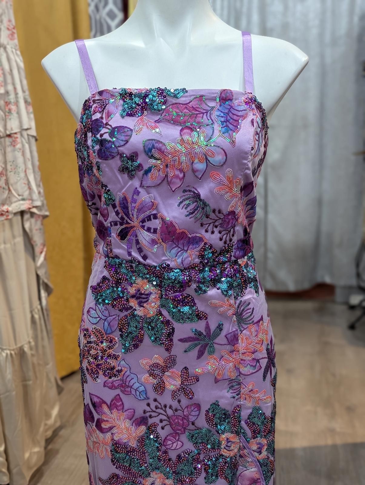 Embroidered Sequin Mesh Ruffle Slit Midi Dress