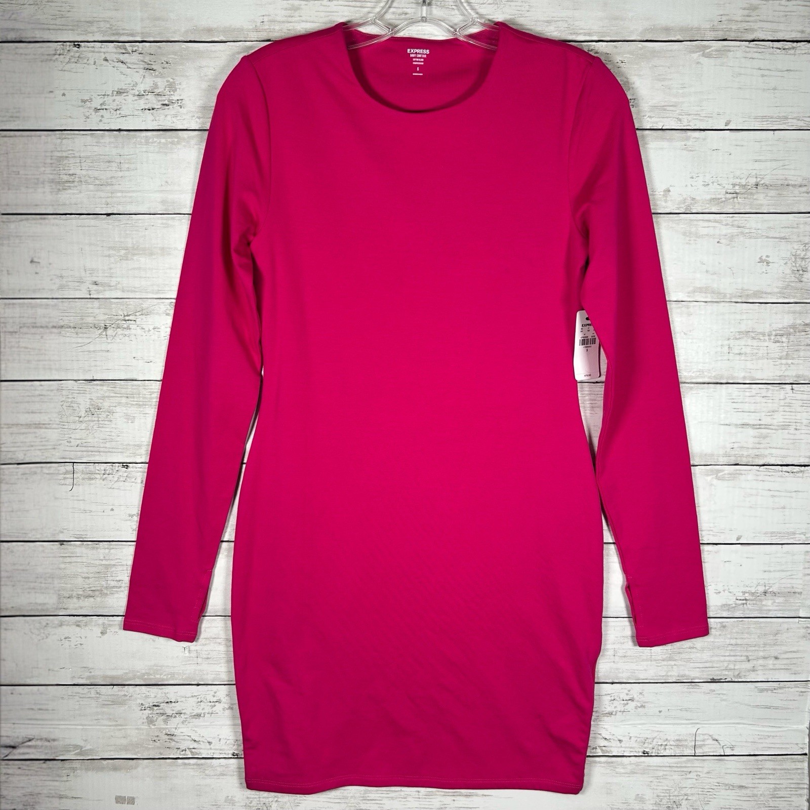 Express Crew Neck Bodycon Compression Long Sleeve Mini Knit Pink Dress S NWT $78