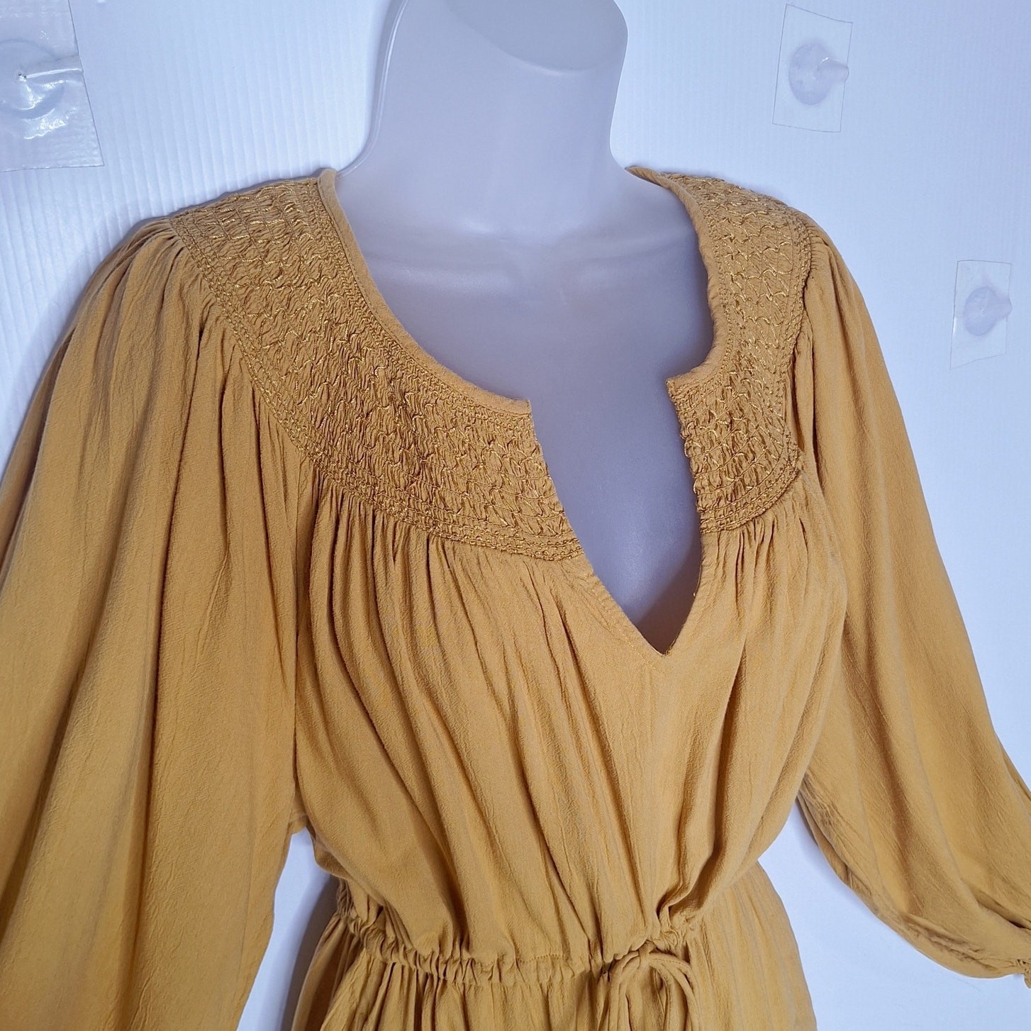 Old Navy Cinch Waist Prairie Dress Celandin M Cotton Blend Mustard Boho Peasant