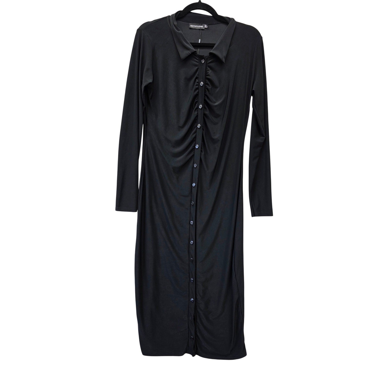 PrettyLittleThing Black Ruched Button Down Maxi Shirt Dress Long Sleeve Size 12