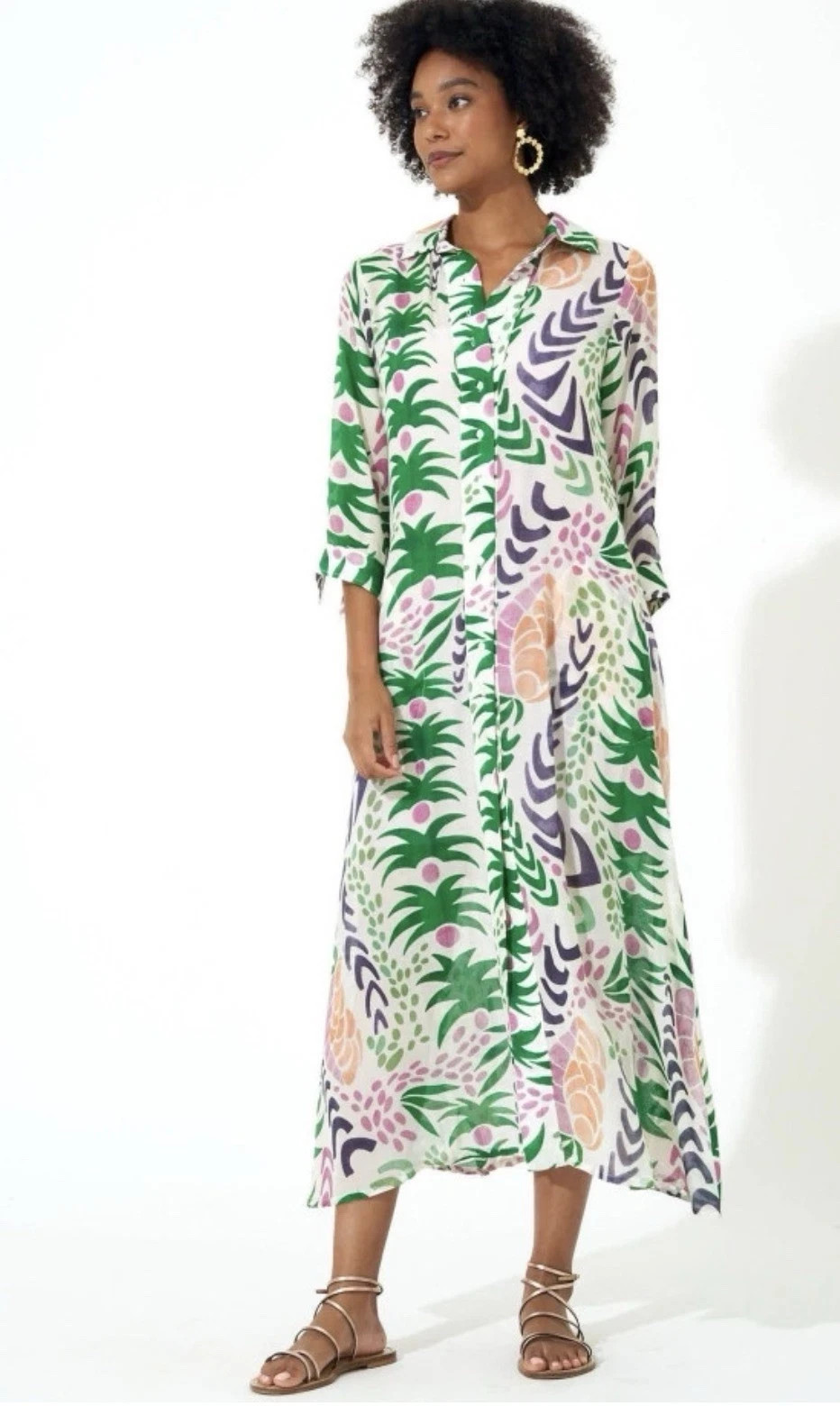 Oliphant Shirt Dress Grenadine Purple Green Pink on Ivory Cotton Silk Blend XL