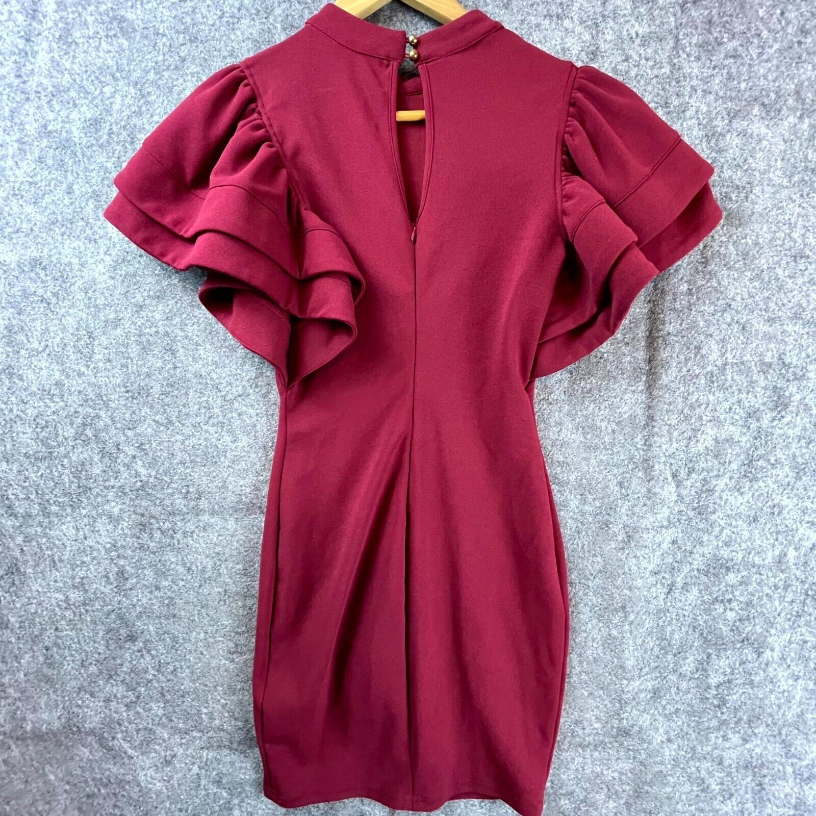 Xtaren Dress Medium Red Stretch Big Ruffle Sleeve Keyhole Back Fitted Modern
