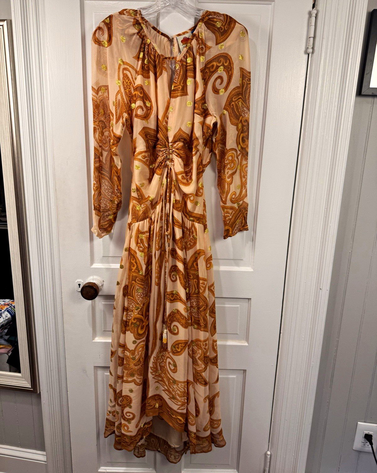 FARM Rio for Anthropologie Beige Brown Paisley V-Neck Chiffon Maxi Dress S