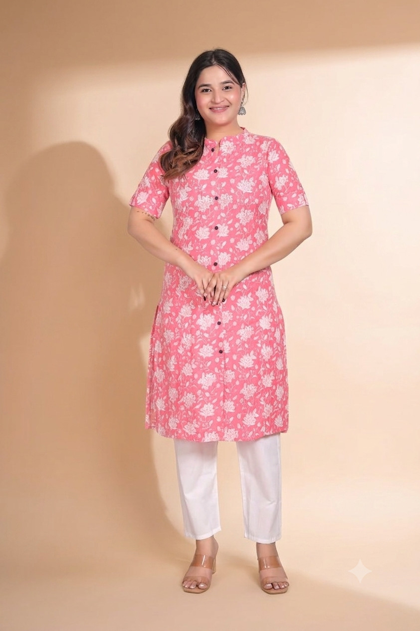 Women’s Pink Floral Printed Kurti with White Pants Set |