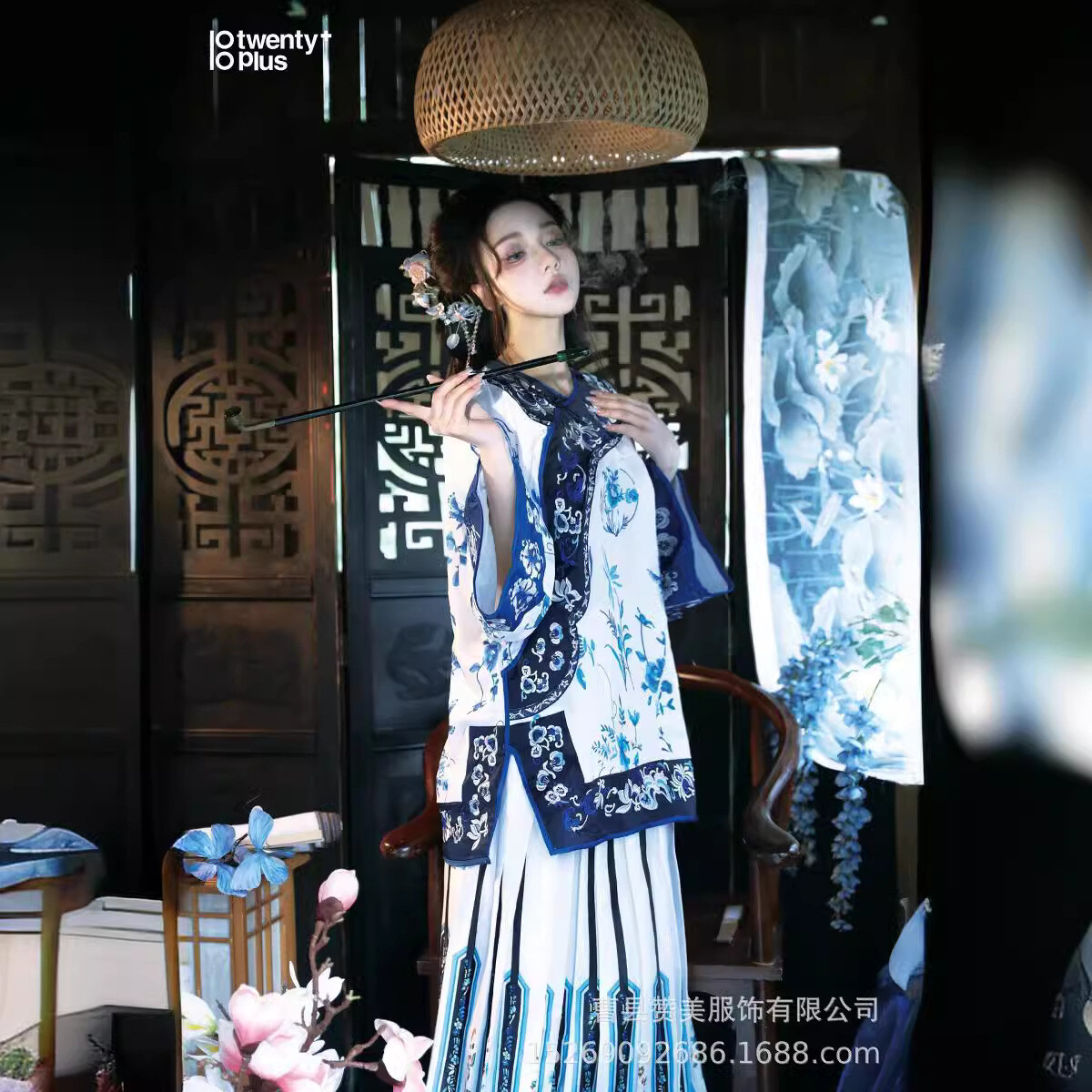 2Pc Set Women Retro Chinese Qing Dynasty Costumes Dress Embroidery Hanfu Dress