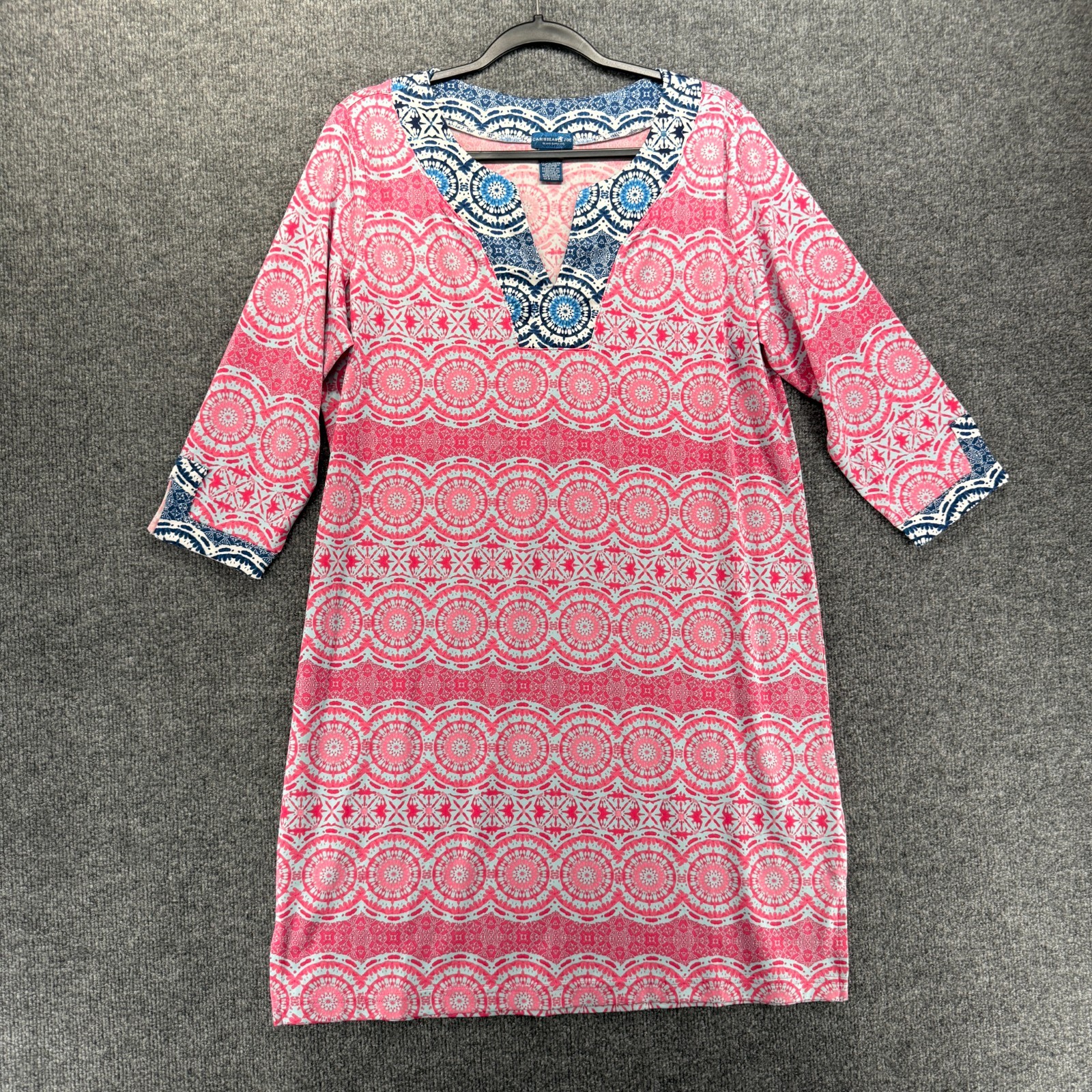 Caribbean Joe Dress Womens L Pink Abstract V-Neck Jersey Shift Coastal Vacation