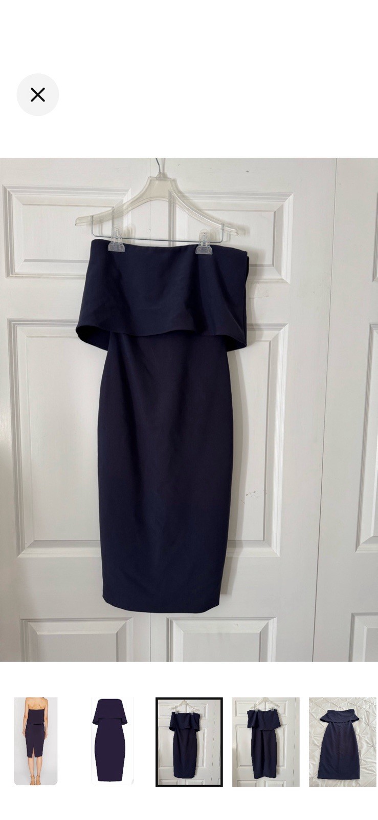 LIKELY Navy Strapless Ruffle Sheath Midi Dress 2 Lined Stretch Zip