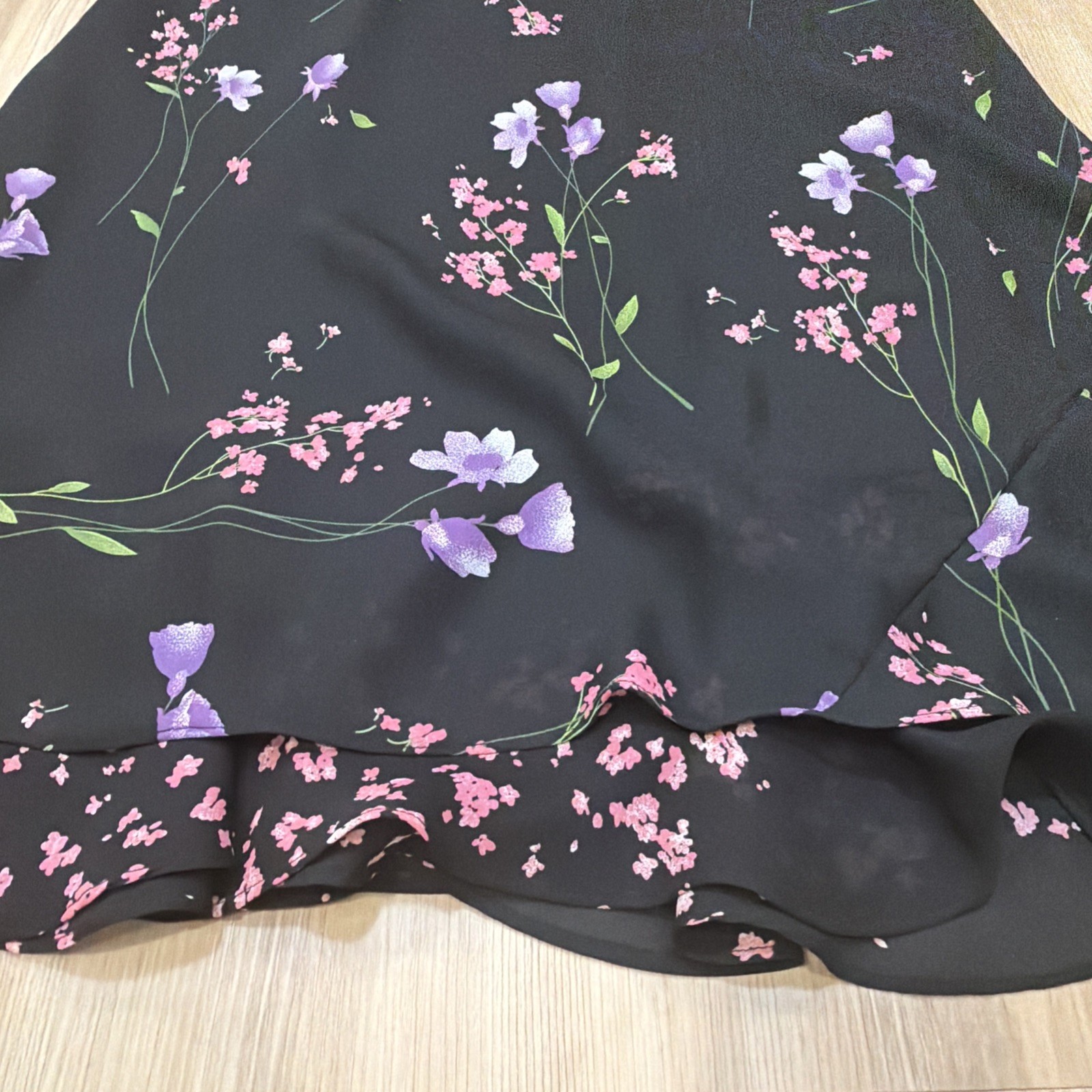 Premier International Floral Midi Dress M 10-12 Black A-Line Sheer Overlay Y2K