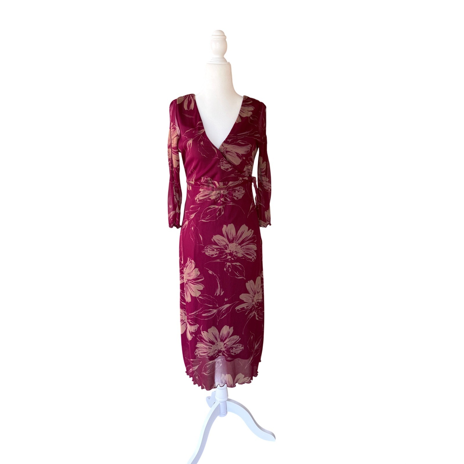 Vintage Y2K Ruby Rox Floral Mesh Midi Dress Burgundy Surplice USA S