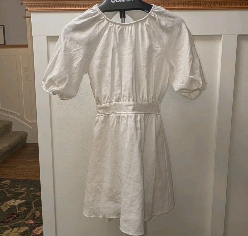 Reformation NWOT Sz 0 White Linen Open Back Adjustable Waist Tie Mini Dress