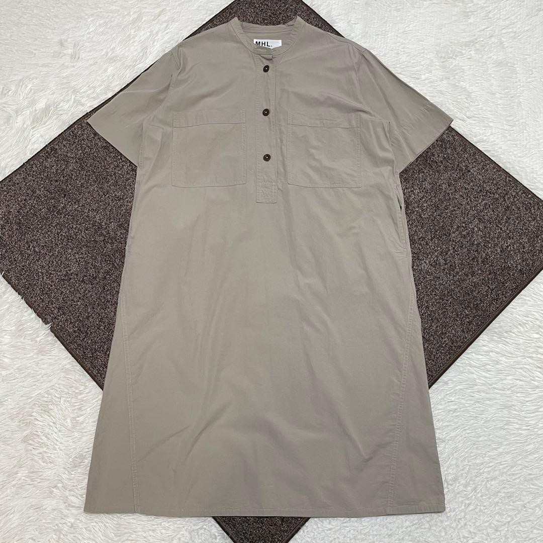 24SS MHL. long shirt dress linen band collar beige