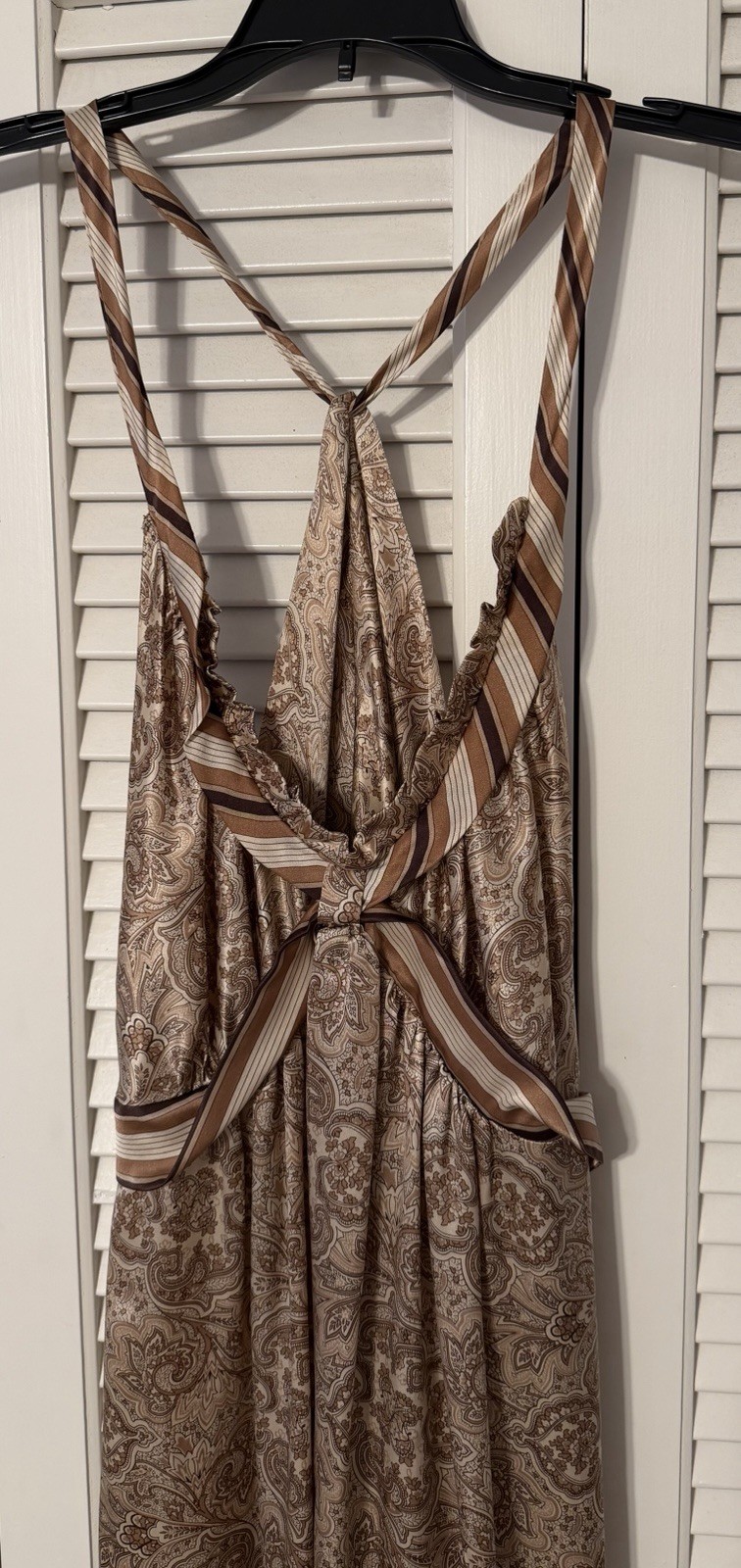 BCBG Maxazria Beautiful 100% Silk Brown Cream Paisley Stripe Tie Dress Medium M