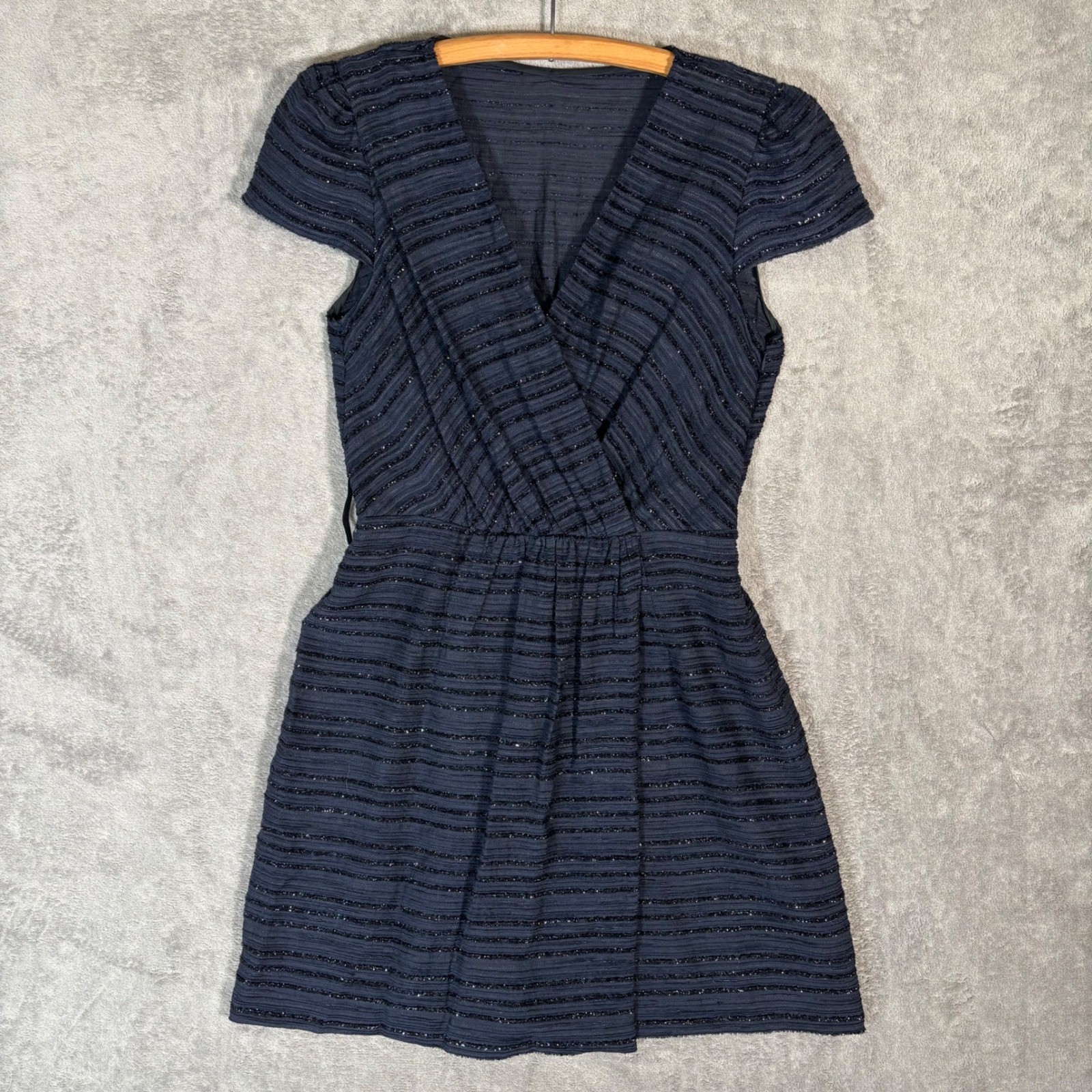 Milly of New York Navy Blue Metallic Striped Cap Sleeve Surplice Dress Size 6