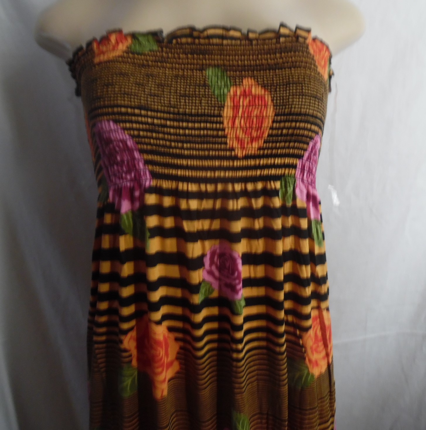 PINK BLACK GOLD STRIPE ROSES MAXI DRESS STRAPLESS ELASTIC TOP NWT MEDIUM