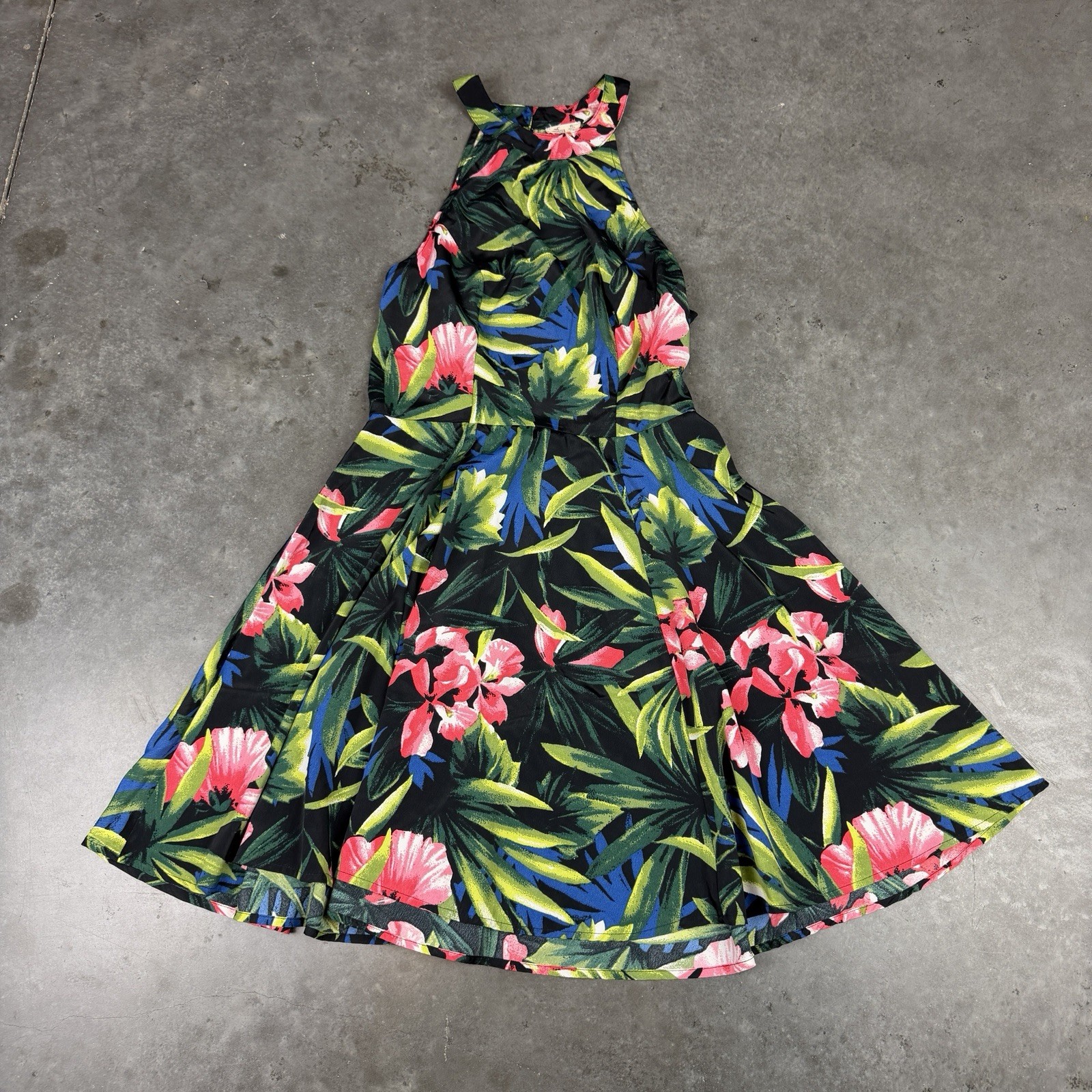 Hollister Dress Womens XS Black Floral Tropical Halter Neck Fit Flare Skater Min