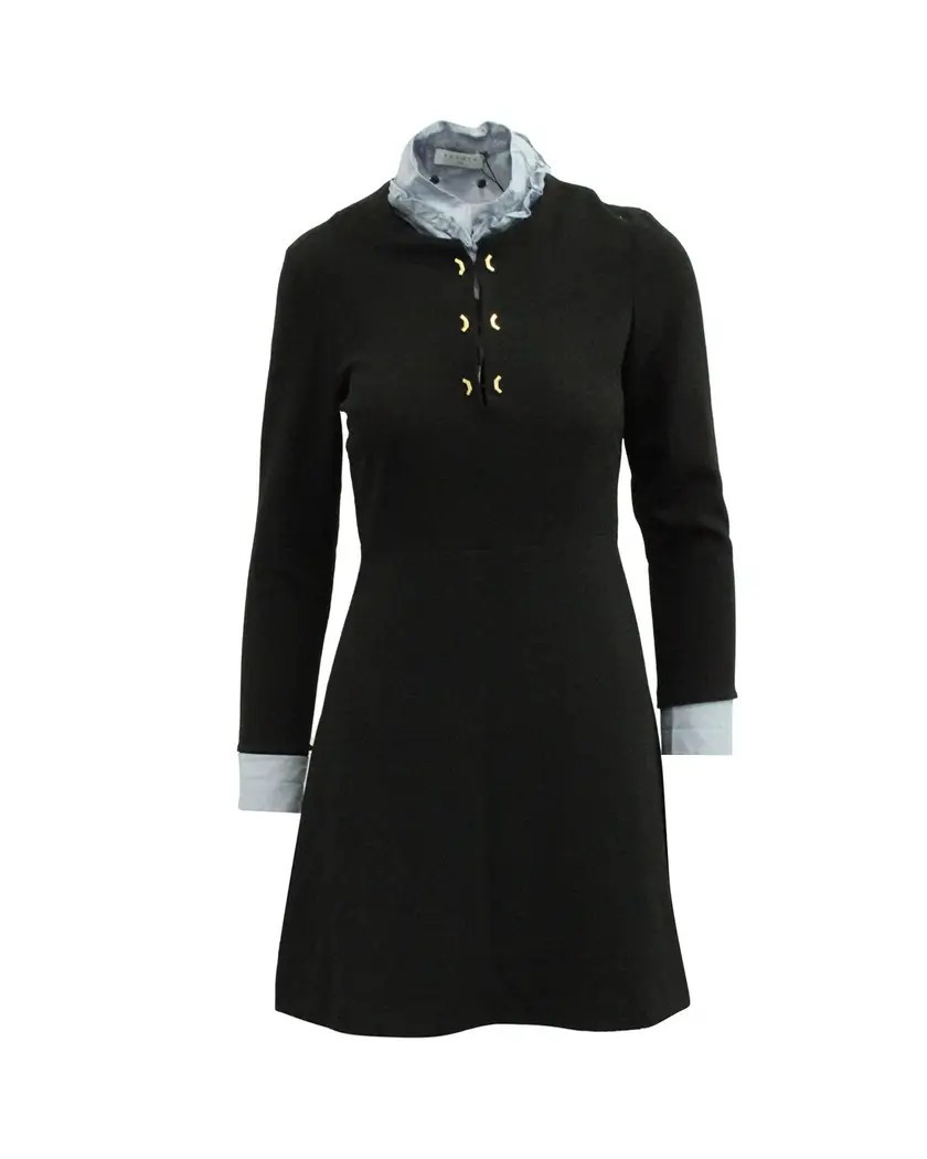Sandro Paris Women’s Black Mini ALine Dress Keyhole Detail Collared Money Preppy