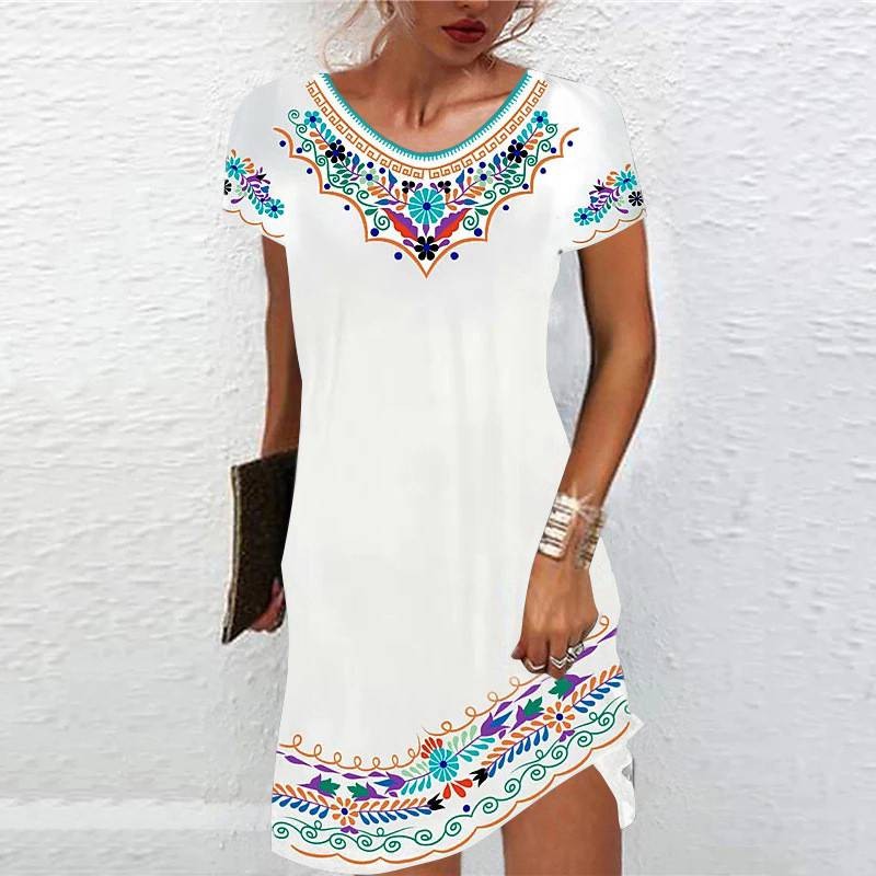 Ladies Dress Sundress Short Sleeve Floral Womens Baggy Crew Neck Boho Casual
