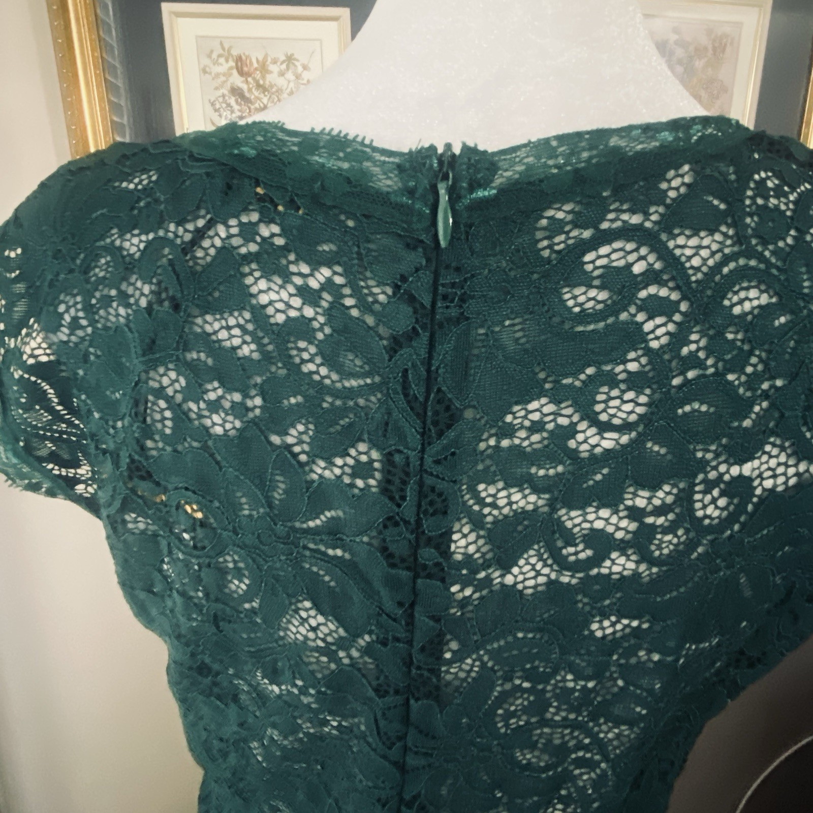 NWT Miusol Dark Green Sz L Evening Gown Lace Bodice Crepe Skirt Sleeveless Lined