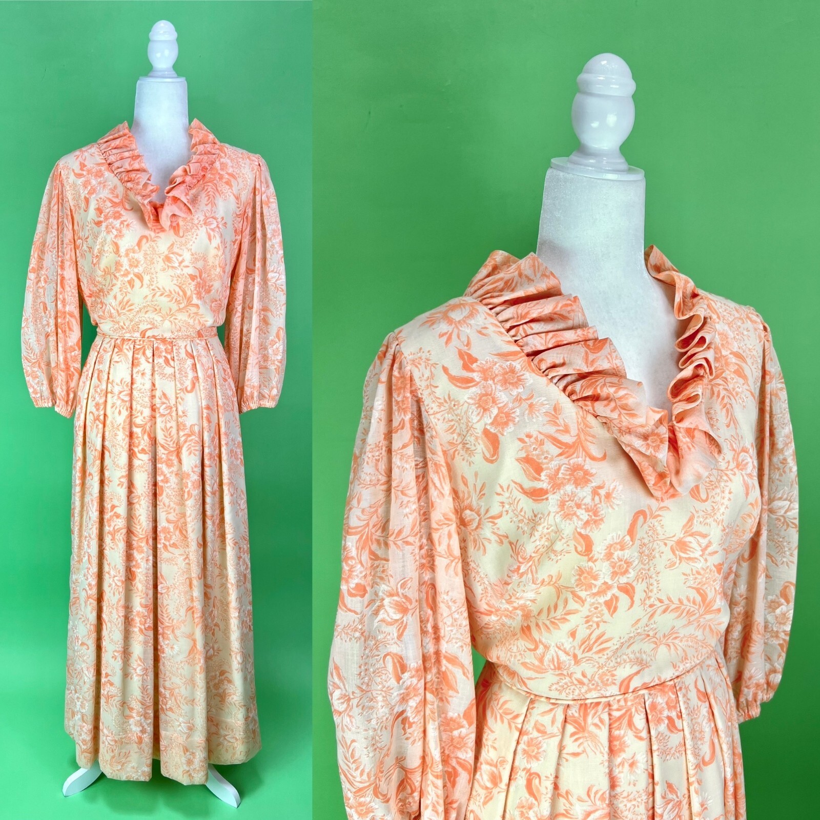 Vintage 70s Peach Floral Ruffled Maxi Dress – Size S/M