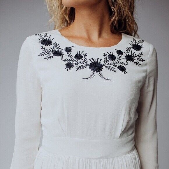 Mod Ref Midi Dress Small White Embroidered Boho Resort Beach Bridal Casual