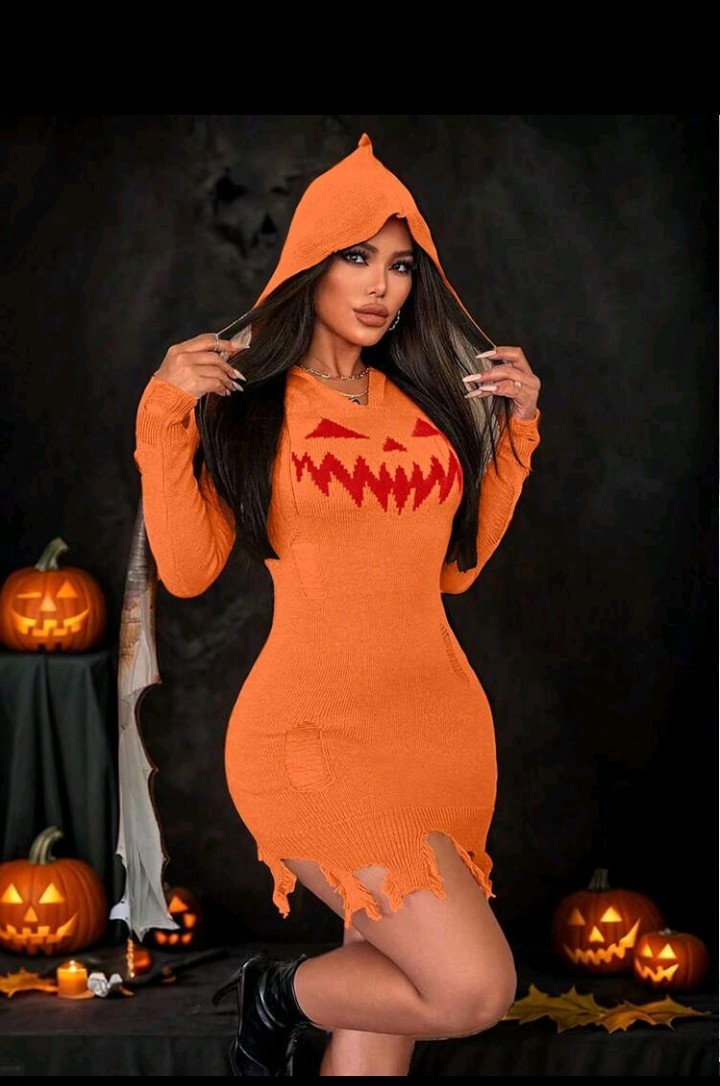 New Halloween Pumpkin Teeth Graphic Orange Sexy Hollow Out Tassel…