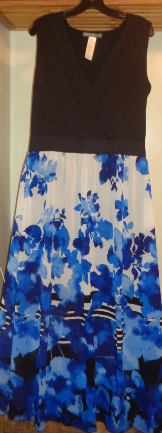 SIGNATURE COLLECTIONS BLACK/BLUE FLORAL JERSEY/ CHIFFON MAXI DRESS NEW SZ L