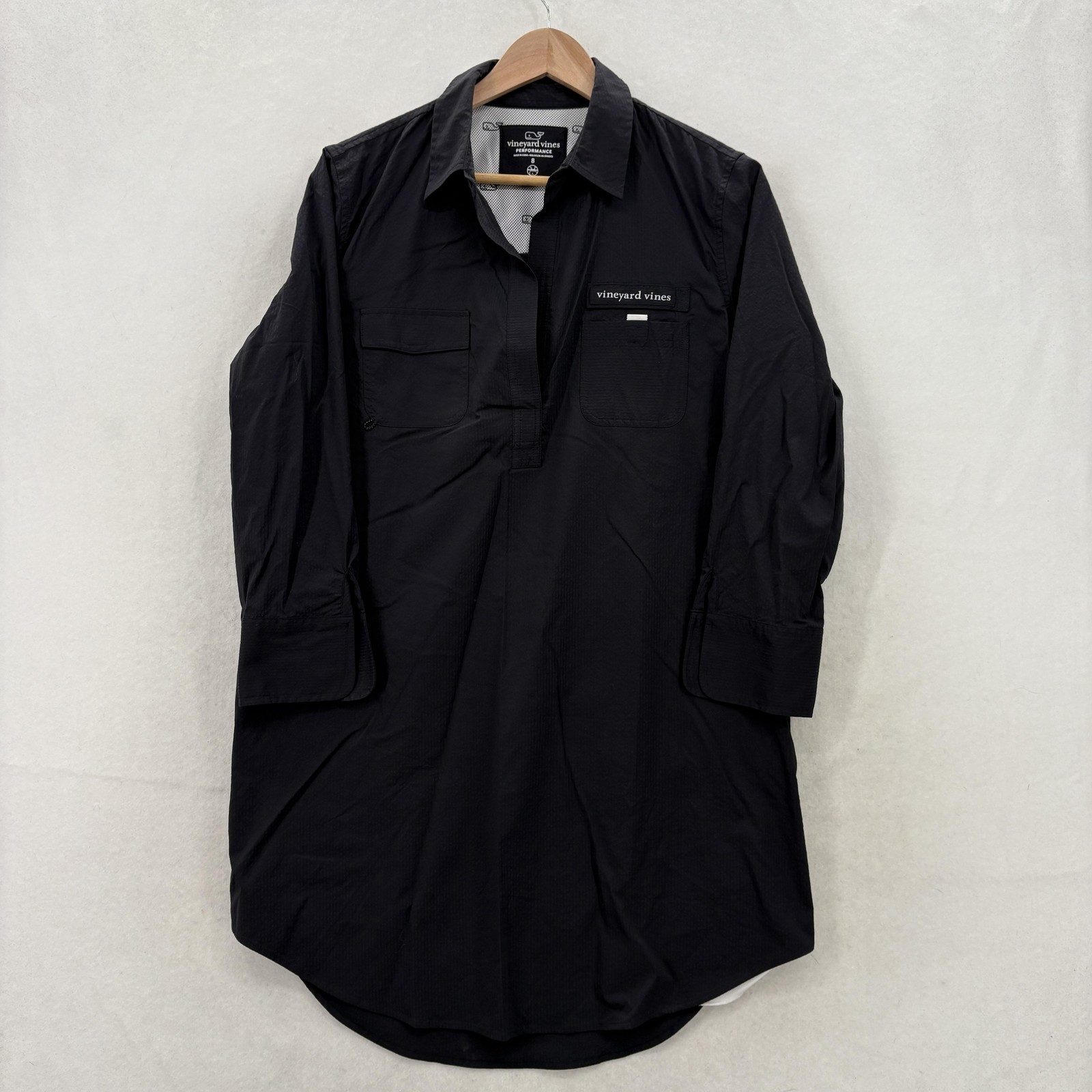 Vineyard Vines Dress Womens 8 Black Performance Shirt Roll Tab Sleeve Tunic