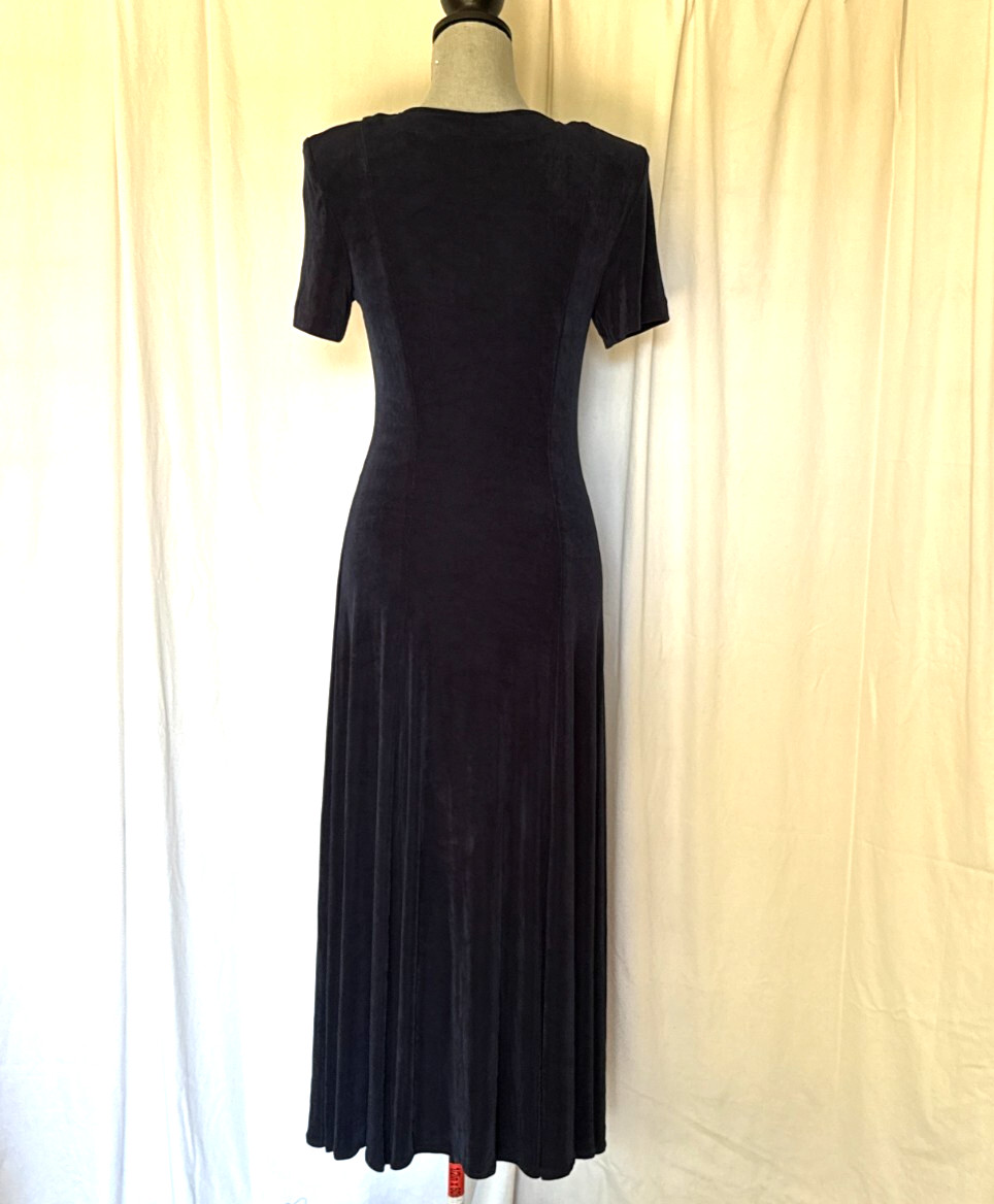 Vintage Cache womens S8 Navy short Sleeve sweetheart neck Dress slinky pullover