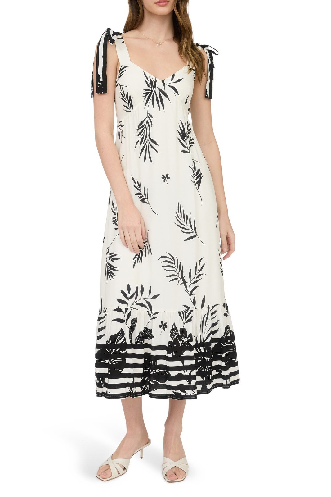 Cream Floral Spaghetti Strap Maxi Dress with Ruffle Hem