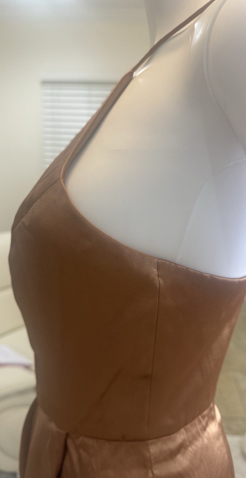 After Six Stretch Satin Toffee Halter Midi Dress with Draped Tulip Skirt Size 2R