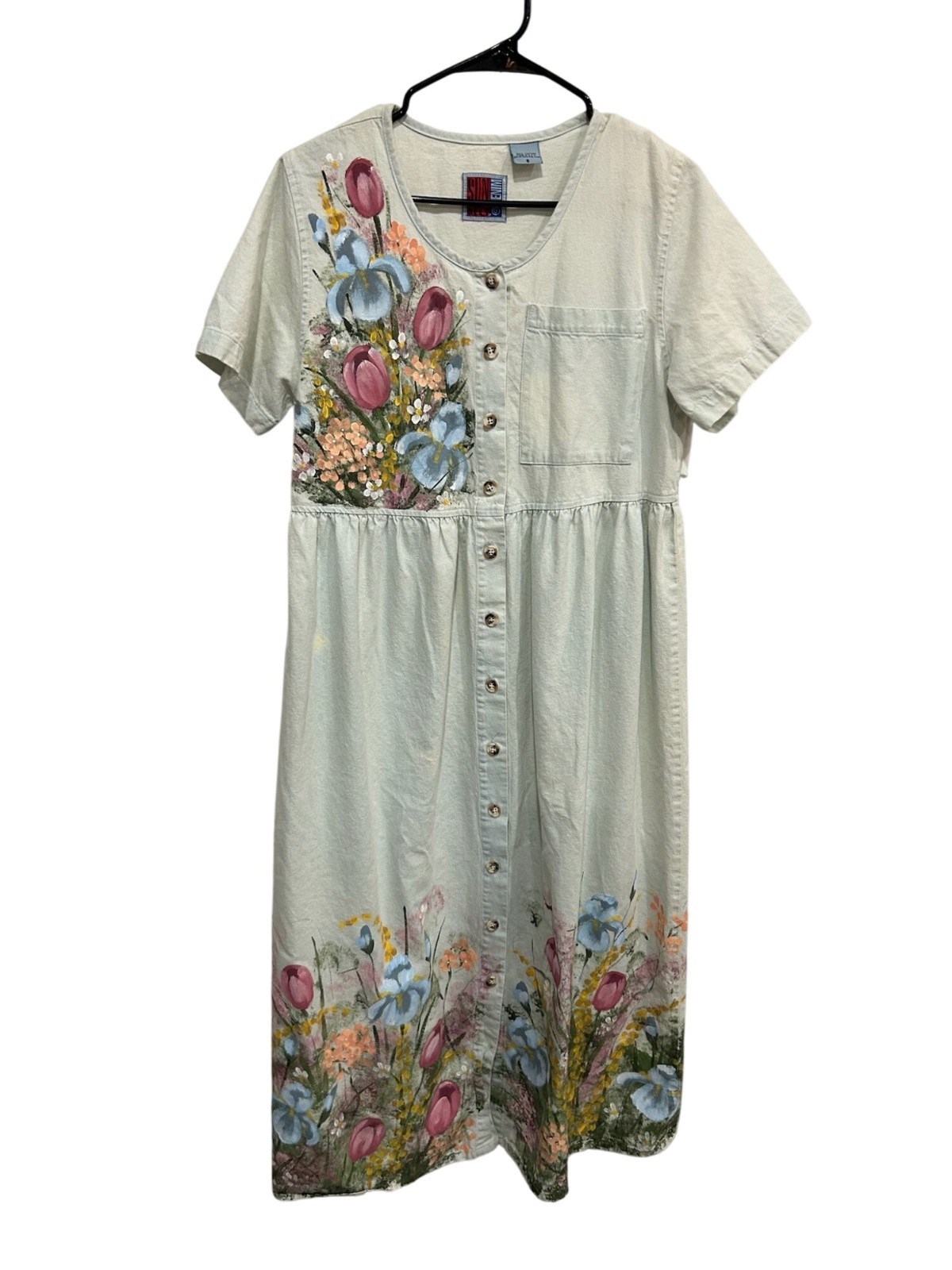 Vintage Sun Belt Floral Painted Short Sleeve Button Front Dress Small Boho Artsy