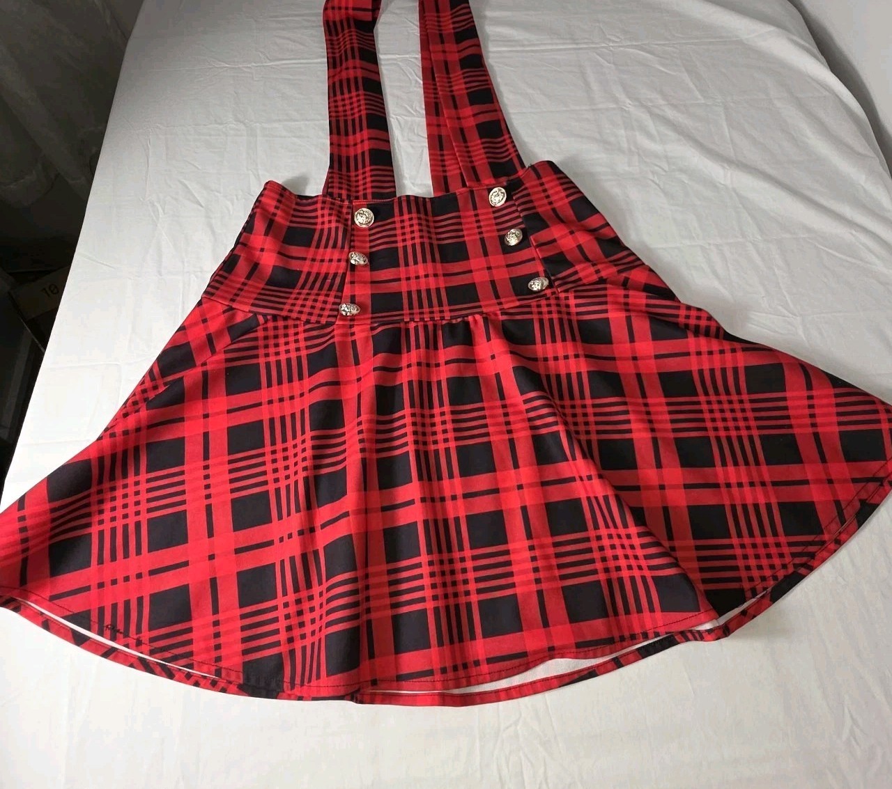Womans Black Red Tartan Plaid Skirt With Suspenders Size M Preppy Academia