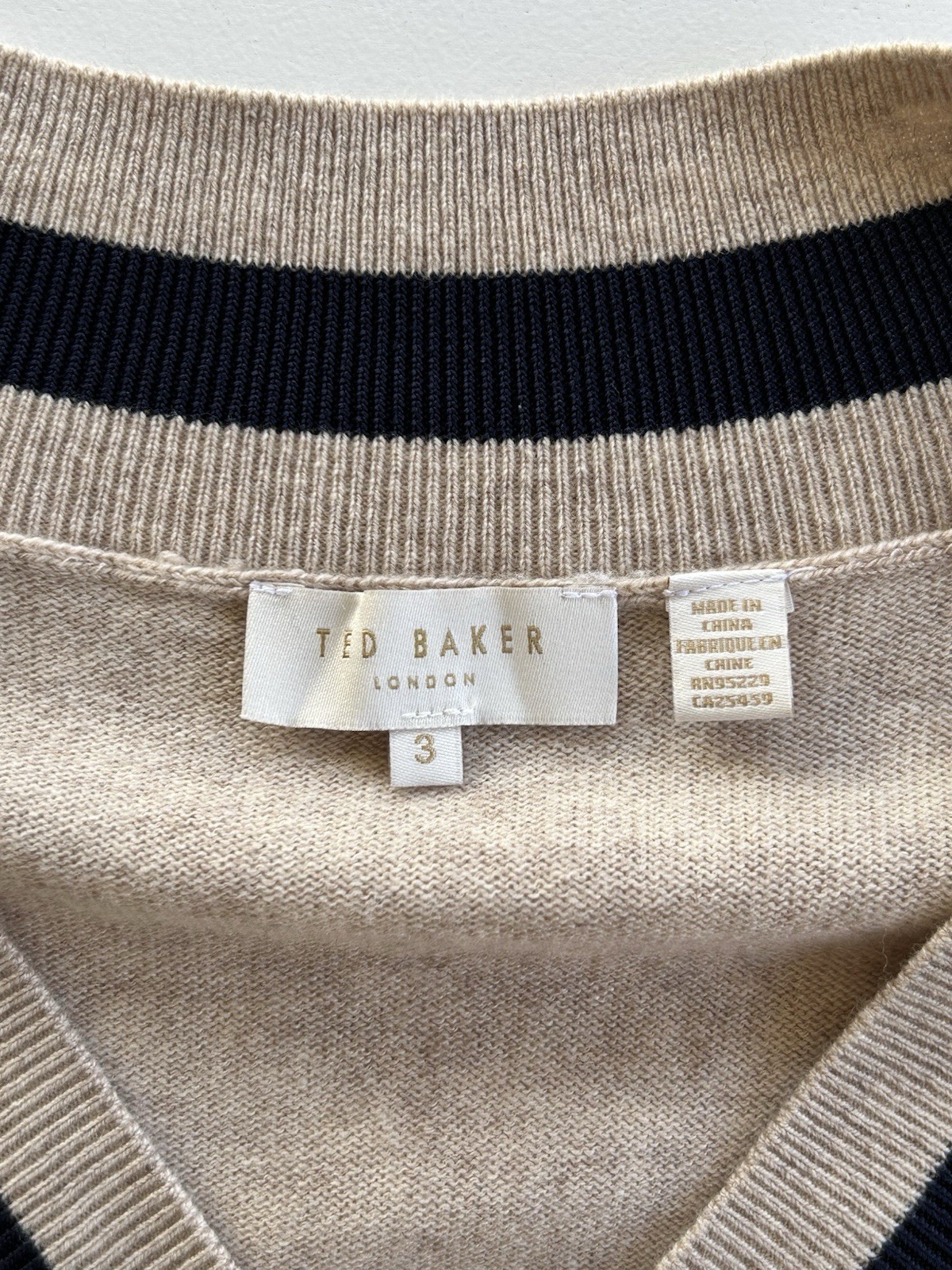 Ted Baker Knit Wool Cashmere Blend Sweater Dress Chevron Tan Navy Women’s Size 3
