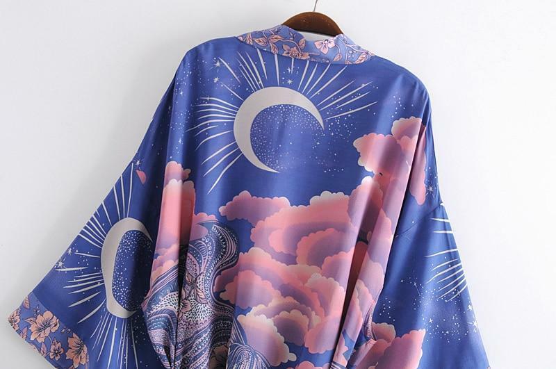 Purple Floral Moon Sky Cloud Print Boho Short Kimono Batwing Sleeve Robe