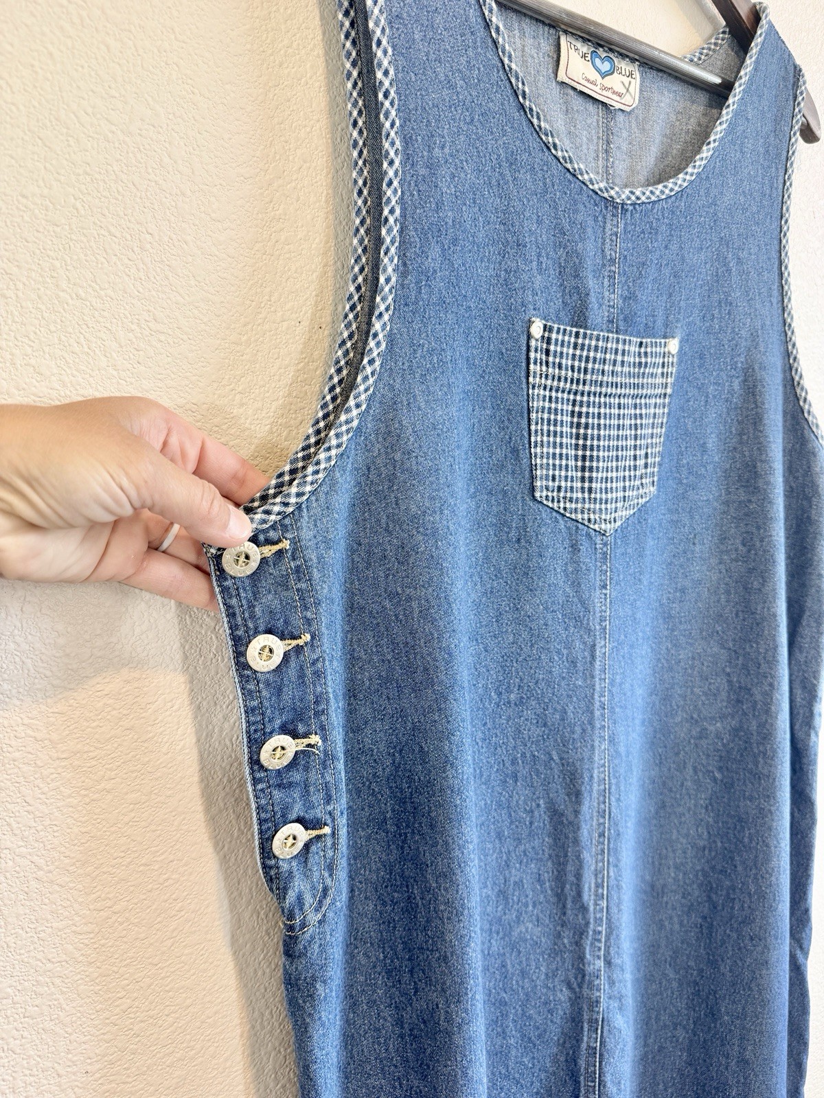 True Blue Denim Jumper Dress Cottagecore Prairie Farmhouse Midi Pinafore L F95