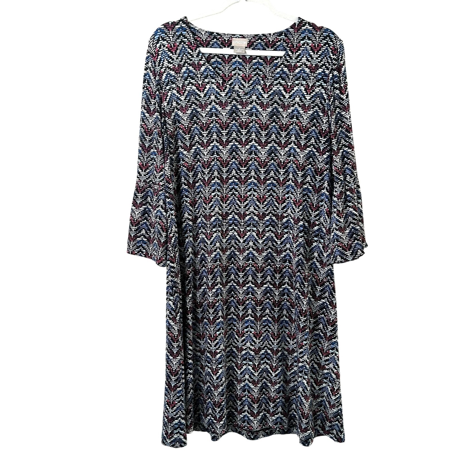 Chicos Midi Dress Womens 2 US 12 14 Black Blue Chevron Bell 3/4 Split Sleeve