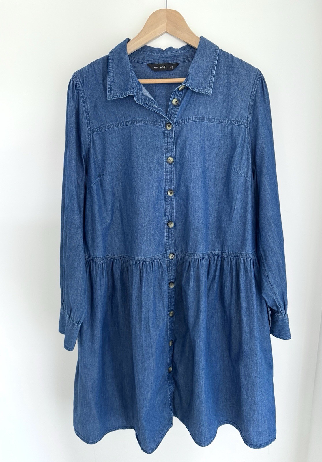 F&F Blue Denim Shirt Dress UK 20 Button Front Long Sleeve Smock Mini Dress