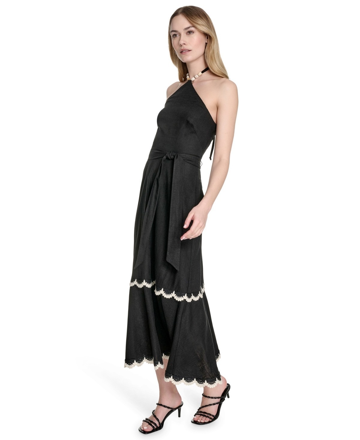 Eliza J Beaded-Strap Contrast-Trim Halter MIDI Dress Women’s 6 Black Linen Blend