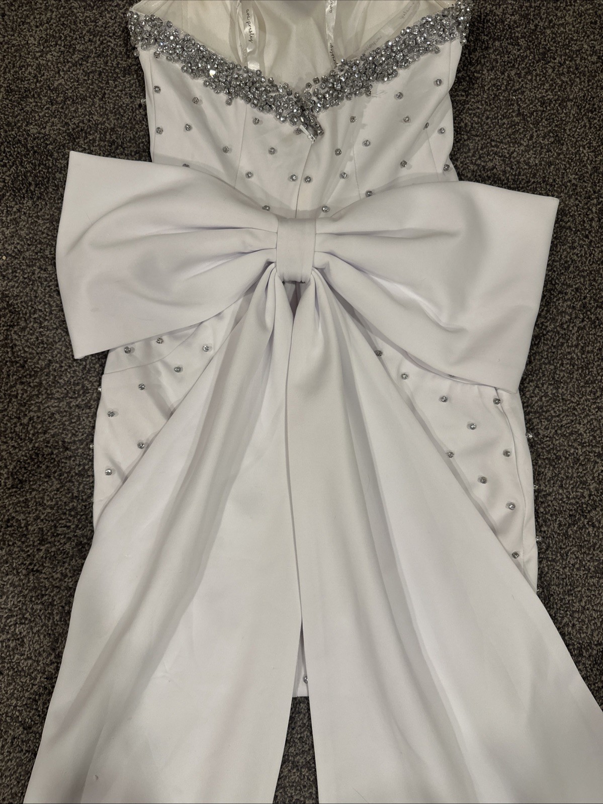 White Silver Strapless Bedazzled Homecoming Dress with Beautiful Bow In the back